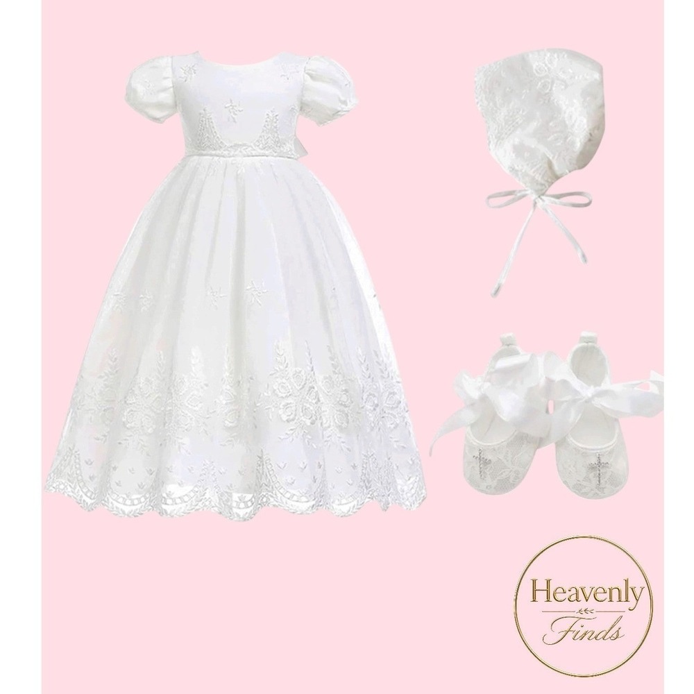 Glamulice Baby Girl Dress 6M White Baptism Christening Gown Set Shoes & Hat New